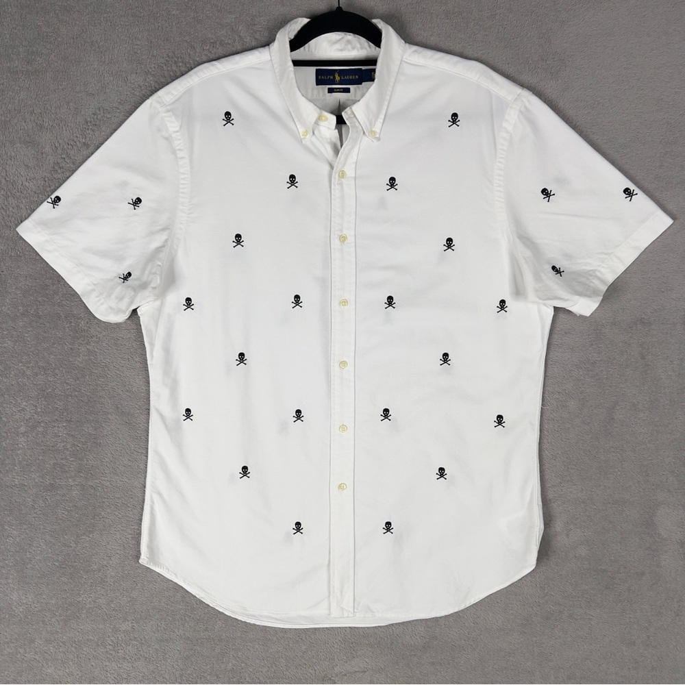 Ralph Lauren Skull‎ & Bones Short Sleeve Button Down Shirt Men's XL Slim Fit